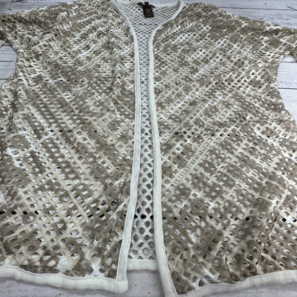 Multiples Womens Open Front Mesh Kimono Cardigan Beige White Pattern Size XL - Picture 3 of 7